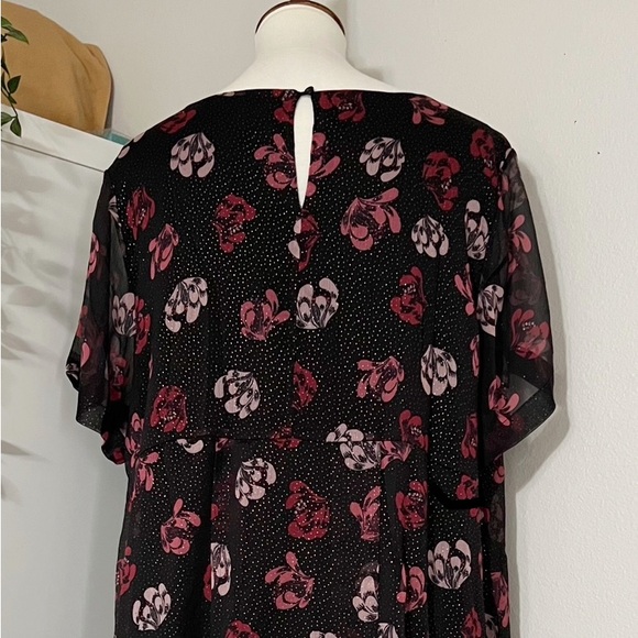 Vince Camuto Sheer Black Pink‎ Floral Tunic Blouse Sparkle Dots Short Sleeve - Picture 7 of 11